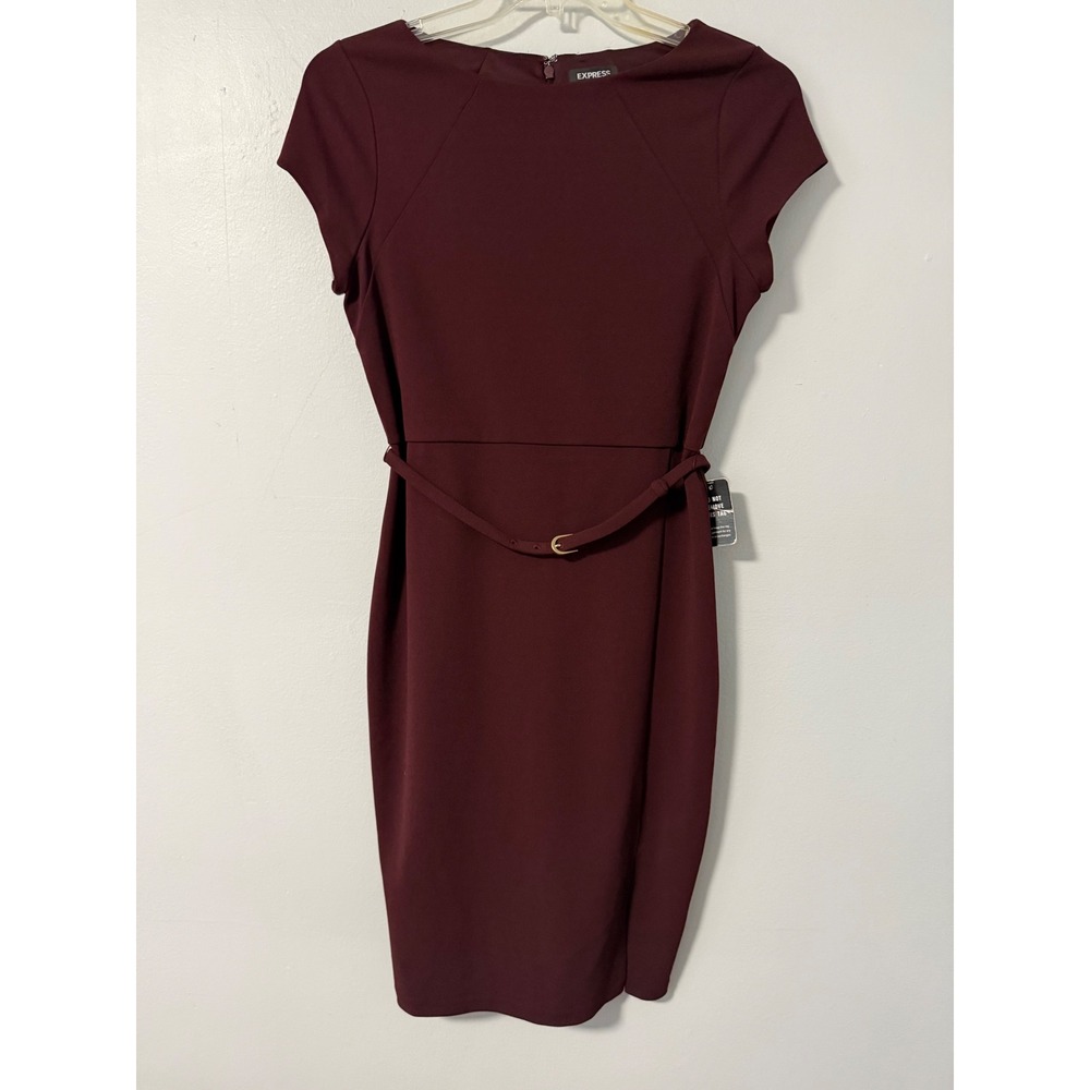 Express Sheath Dress Womens Medium Burgundy Cap Sleeve Belted Boat Neck New